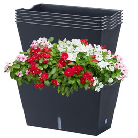 Window Box Planter 6 Pcs, 12.1 Inches Self Watering Plant Pots Rectangle Flower Pots with Drainage Holes and Breathable Trays, Vegetable Planters for Windowsill Patio Garden Balcony Porch Yard (Black)