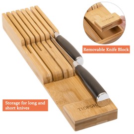 TIOPGHAD Bamboo-Silverware-Drawer-Organizer-Kitchen, Expandable Utensil Holder Cutlery Tray Flatware Organization Adjustable Wood Tableware Dividers Storage (with Removable Knife Block)