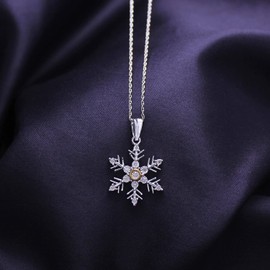 AFFY 1/15 Carat Round Cut White Natural Diamond Snowflake Pendant Necklace in14k White Gold Over Sterling Silver