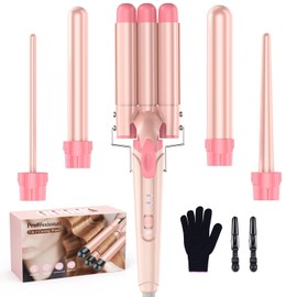 Waver Curling Iron Wand - BESTOPE PRO 5 in 1 Curling Wand Set with 3 Barrel Hair Crimper for Women, Fast Heating Crimper Wand Curler in All Hair Type, Women Gifts - Leather Pink