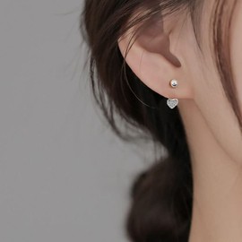 SLUYNZ Sterling Silver Small CZ Heart Half Hoop Earrings for Women Love Half Hoop Earrings Cartilage Spiral Piercing Ball Stud Earrings, Sterling Silver, Cubic Zirconia