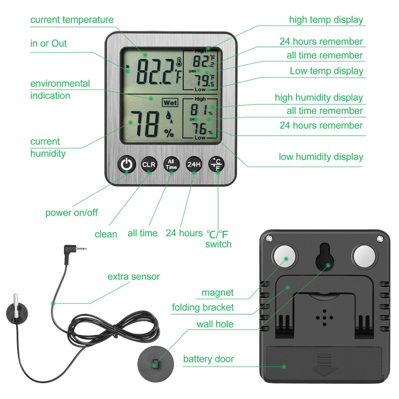 Digital Refrigerator Freezer Fridge Thermometer with Extra Sensor Digital Hygrometer