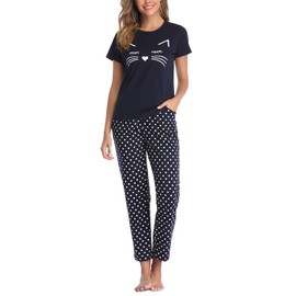 EISHOPEER Women's Cute Cat Pinted Pajama Set Short Sleeve Top & Pants Loungewear Sets Navy Blue L
