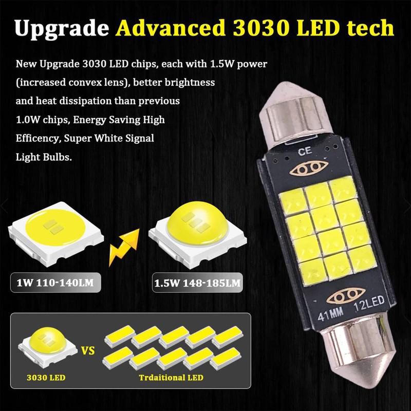 SOCAL-LED LIGHTING 4X 41mm Festoon Bulb Canbus Super Bright 3030