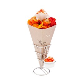 Restaurantware 2.5 Inch x 5 Inch French Fries Stand, 1 With Sauce Holder Fry Stand - Spiral, Scratch Resistant, Silver Stainless Steel Cone Holder Stand, For Snacks, Appetizers, Or Desserts