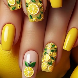 Teilihai Coffin Press-On Nails Yellow Fake Nails Spring Summer False Nails Medium Length Acrylic Gel Square Nails Full Cover Glossy Lemon Flower Design Cute Manicure Decoration (24 Pieces)