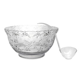 Party Essentials N080621L Hard Plastic Embossed Floral Serving Bowl for Punch/Salad/Snack/Treat, Clear, 8-Quart with ladle