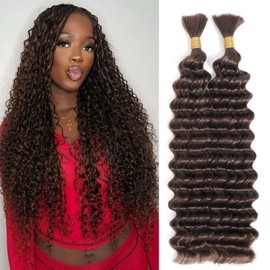 DMKEEP Chocolate Brown Human Braiding Hair 20 Inch Top Grade Deep Wave Bulk Human Hair for Braiding 2 Bundles 100g No Weft Hair Extensions 4# Color
