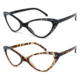 Visual Plus 2 Pack Retro Cat Eye Reading Glasses | Cateye Glasses for Women | Cat Eye Readers with Spring Hinge | Womens Readers (Black and Tortoise Brown, 1.75 Strength)