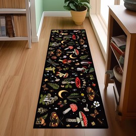 Mushroom Runner Rug 2x6 Throw Rug Black Kitchen Runners Ultra-Thin Low Pile Carpet Washable Hallway Rugs Spring Summer Home Decor Area Rug Non-Slip Floor Carpets for Bedroom Entrance Door Mat Indoor