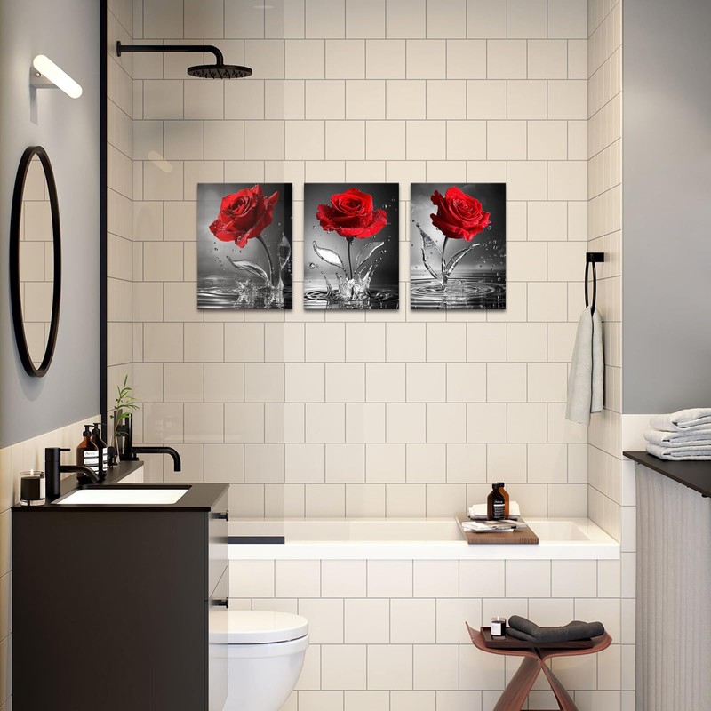 DuoBaorom Rose Zen Wall Art Red Canvas Bathroom Decor Black