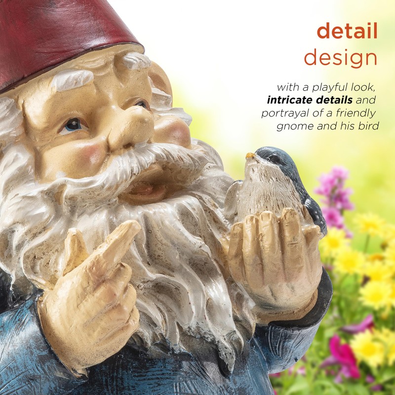 Alpine Corporation 12" Tall Outdoor Garden Gnome with Bird Yard