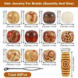 Larrel Pack of 60 Printed Wooden Beads, Natural Wooden Beads with Large Hole, Retro Hair Beads, Hair Accessories for Braids, Wooden Craft Beads, Hair Tube Decoration for DIY Jewellery, Dreadlocks