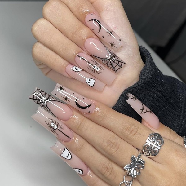24Pcs Halloween Press on Nails Long Square Fake Nails, Full
