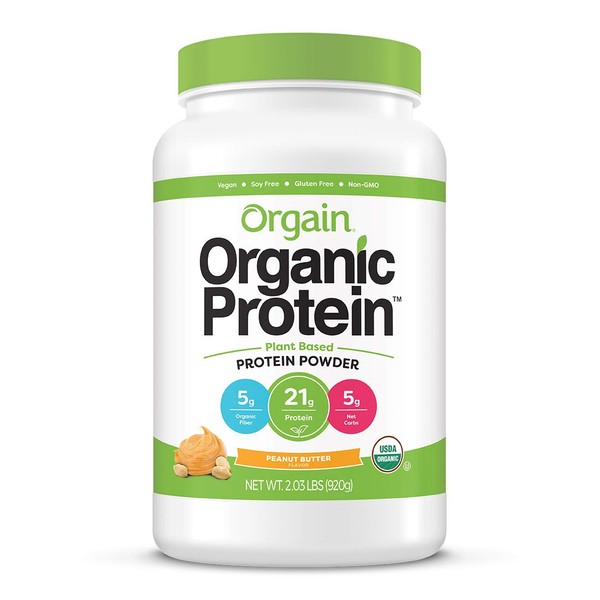 Orgain Organic Plant Based Protein Powder, Peanut Butter - Vegan, Low Net Carbs, Non Dairy, Gluten Free, Lactose Free, No Sugar Added, Soy Free, Kosher, Non-GMO, 2.03 Pound (Packaging May Vary)