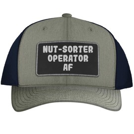 Nut-Sorter Operator AF - Leather Black Patch Engraved Trucker Hat, Heather-Navy, One Size