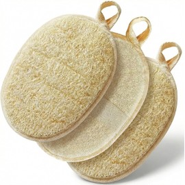 Triko Set 3 Piezas Estropajo para Cuerpo de Lufa Natural, Zacate para Baño Exfoliante y Biodegradable, Esponja de Baño con Banda Elástica para Limpieza Profunda, Incluye Gancho Adherible, Beige