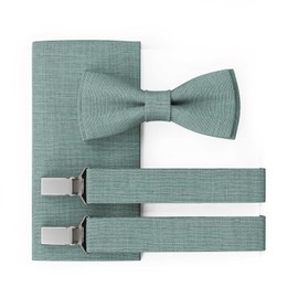 MAY-TIE Herren Fliege Set | Hochzeitsfliege vegan vorgebunden | Leinen Fliege in Eukalyptus Grün | Optional mit Einstecktuch & Hosenträger | Large Batwing