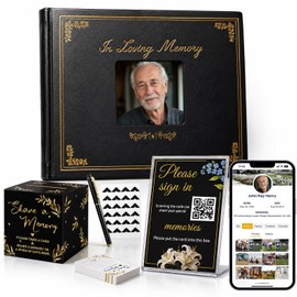 BAIYUNSKY Funeral Guest Book for Memorial Service, Guest Book Set with QR Table Sign -QR Memorial Website, 9.25x7.4 Faux Leather, Includes 50 Memory Cards, Card Box & Pen