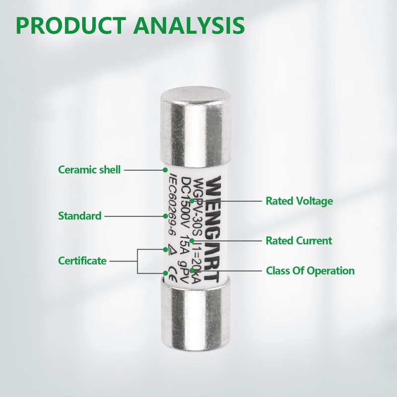 Wengart Cylinder PV Fuse WGPV-30S, DC1500V 15A, 10 x 38