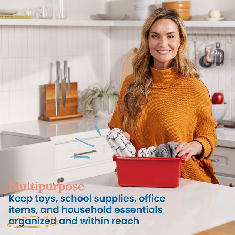 ECR4Kids Scoop Front Storage Bin, Multipurpose Organization, Red, 20-Piece