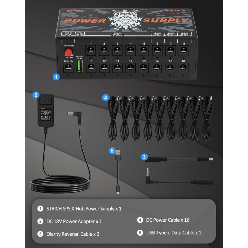 STRICH SPS X-Hub Guitar Pedal Power Supply for 9V/12V/18V, 100mA