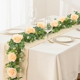 Dolicer 2Pcs 13Ft Artificial Eucalyptus Garlands with Flowers - 8 Roses, Faux Floral Greenery Garlands Fake Flowers Vines for Wedding Table Centerpieces Arch Party Ceremony Backdrop Decor (Champagne)