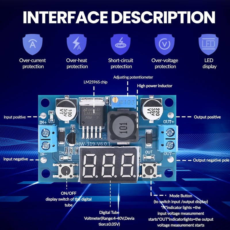 Seloky LM2596 Adjustable DC-DC Step-Down Buck Converter Module with LED