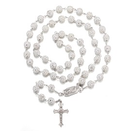 RWQIAN Rosary Beads Catholic Women Men White Rosary Bling Beads Necklace with Cross Pendant First Holy Communion Baptism Gift for Girls Boys