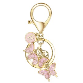 Aligiftqod Initial Keychain Pink Butterfly Charms for Key Cute Letter Keyring for Handbag Backpack (B)