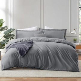 Hearth & Harbor Grey Duvet Cover with Fitted Sheet Twin/Twin XL Size - 3 Piece Soft Double Brushed Bedding Set, Includes 1 Duvet Cover with Button Closure, 1 Fitted Sheet, 1 Pillow Sham