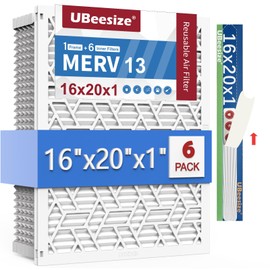 UBeesize 16x20x1 Air Filter(6-Pack),Upgrade AC/HVAC/Furnace Filter,MERV 13,MPR 1800,Easy to Close/Open,1xReusable ABS Frame+6xReplaceable Filter(Actual Size: 15.63x19.72x0.87 Inch)