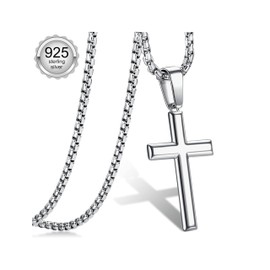 Adramata Cross Necklace for Men Sterling Silver Cross Pendant with Rolo Chain Necklace for Men Women 16-30 Inches