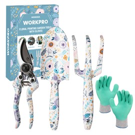 WORKPRO 4 Piece Garden Tools Set, Stainless Steel Hand Tools with Ergonomic Handle, Including Pruner, Trowel, Hand Fork, and Gardening Gloves -White
