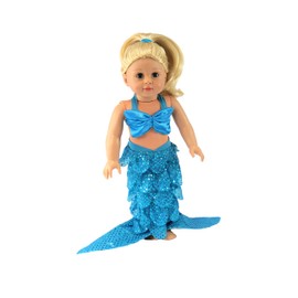 American Fashion World Blue Mermaid Costume for 18-inch Dolls| Shell Bikini Top + Sequin Mermaid Tail | Dolls Clothes | Outfit Fashions for Dolls for Popular Brands