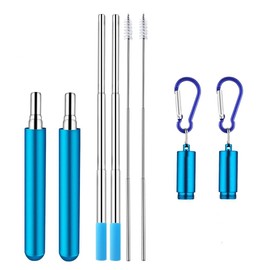 2 Pack Reusable Metal Straws Collapsible Stainless Steel Drinking Straw Travel Portable Telescopic Straw with Case, 2 Cleaning Brushes Included