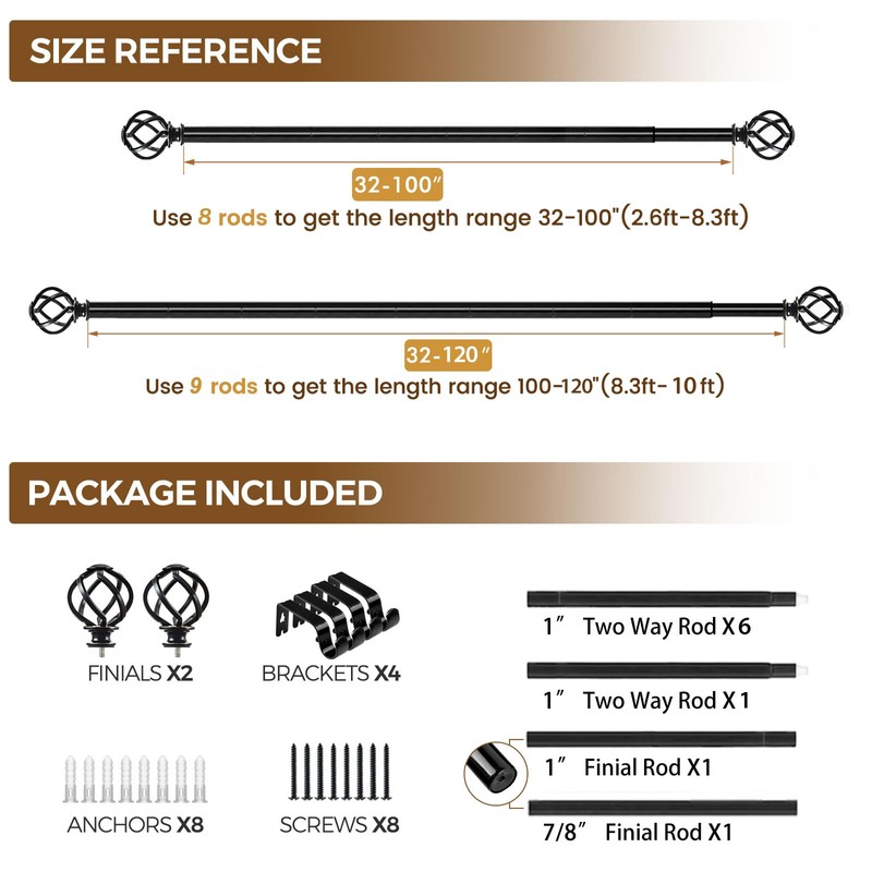 KAMANINA Black Curtain Rod for Windows 66 to 120 Inch