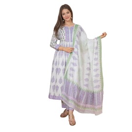 Meera Fab Women's Cotton Printed White Green Anarkali Kurta with Palazzo & Dupatta, Lavender, XX-Large