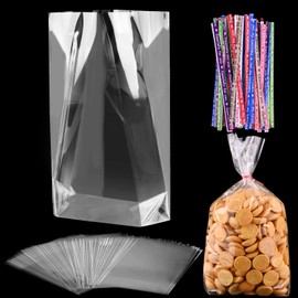 Pack of 100 Clear Cellophane Bags 20 x 30 cm Transparent Cellophane Bags Candy Bags with 100 Twist Bindings Clear Flat Cello Cellophane Bags for Sweet Gift Cupcake Toy Party Favours