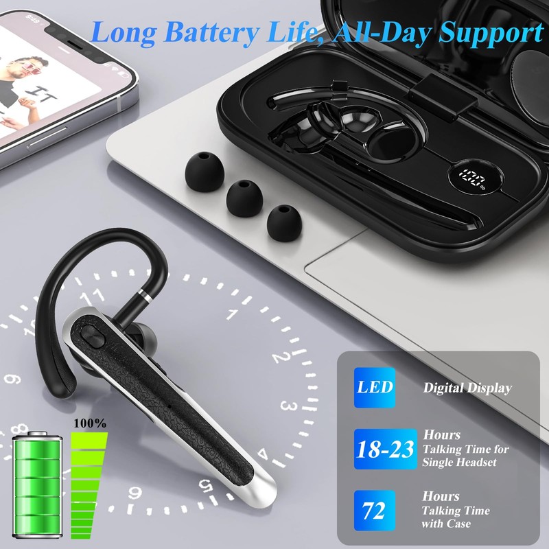Sisism Bluetooth Headset, Wireless Bluetooth Earpiece with LED Display Charging