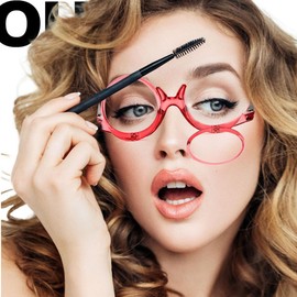 Magnifying Makeup Glasses for Women & Men HD Flip Down Lenses for Eyeliner, Mascara, Reading, Watching TV – Lightweight Plastic Frame w/Case & Cloth (Red, 3.0 X)