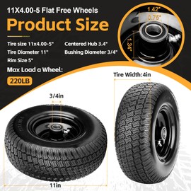 11x4.00-5 Flat Free Lawn Mower Tires, Zero Turn Mower Front Tires, 11x4-5 Solid Lawn Tractor Wheel with Rims, 3/4" or 5/8" & 1/2" Precision Bearings, 3.4"-3.9"-4.9"-5.9" Center Hub (2 Pack Black)