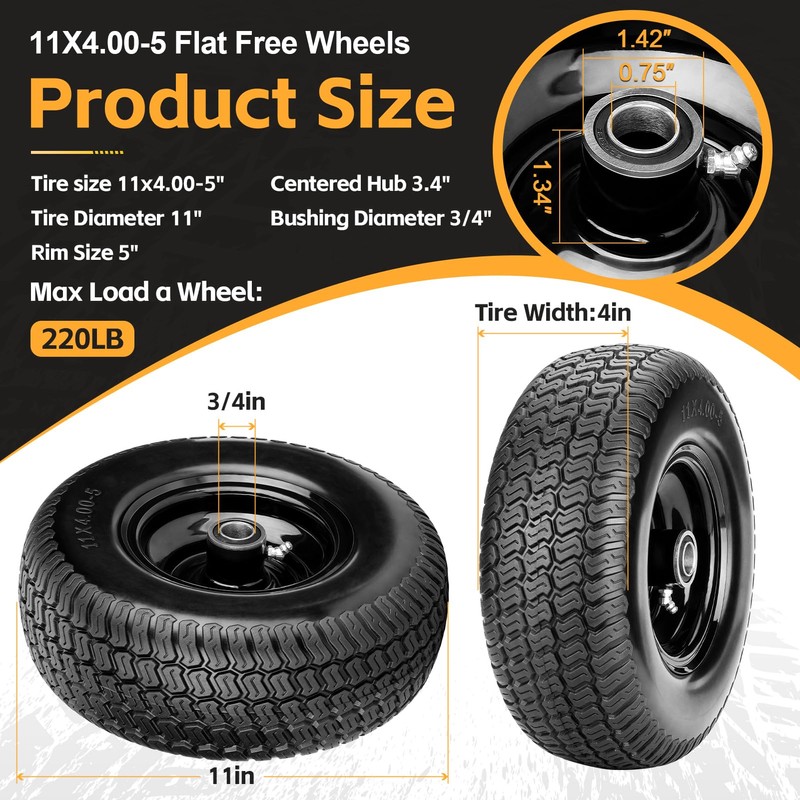 11x4.00-5 Flat Free Lawn Mower Tires, Zero Turn Mower Front