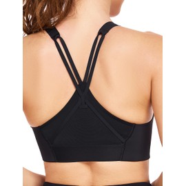 IBL Black Sports Bra Molded Cup Comfortable, Strappy Mesh Cross Back Scoop Neck Buttery Soft for Medium Impact Exercises Pilates Training Black Small