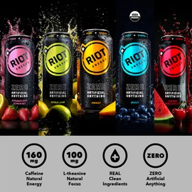 RIOT Clean Energy Drink Variety Pack, Zero Artificial Anything, No Sucralose, Made with Real Fruit, No Sugar Added, Natural Healthy Energy Stamina & Focus, 16 Fl Oz (Pack of 12)