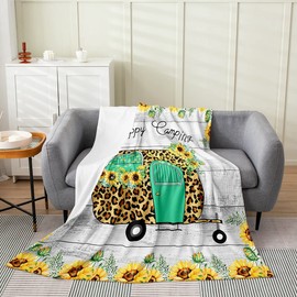 jejeloiu Camping Travel Car Plush Throw Blanket, Camper Fleece Flannel Fuzzy Blanket for Sofa Couch Happy Camping All Season,Bed Blanket Breathable Vintage Wooden Floral Room Decor Throw 50"x60"