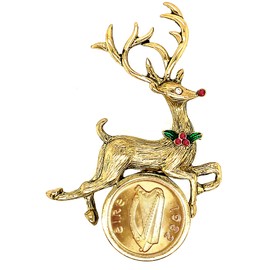 Brooch Irish Half Penny Coin Jewelry- Reindeer Pin- Goldtone Bezel-Minted in Ireland Featuring Harp Side