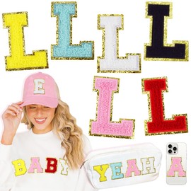 6 Pcs Large 3 Inch L Chenille Letter Patches, Iron on Letters for Fabric and Clothing, Glitter Embroidery Varsity for Letterman Jacket, Backpacks Hats, Sew or Iron on