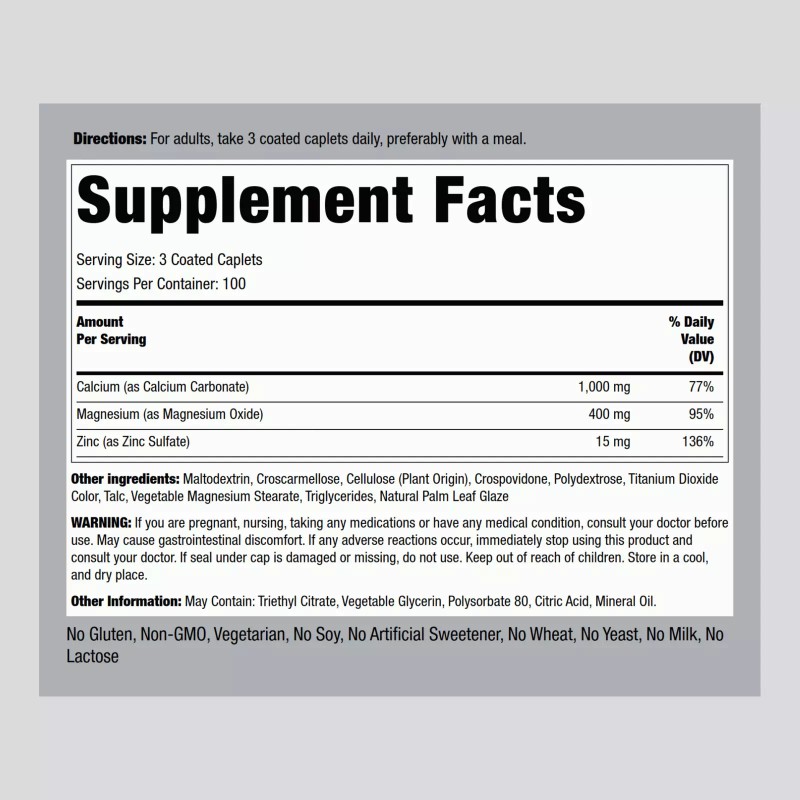 Piping Rock Calcium Magnesium Zinc Supplement | 300 Caplets |