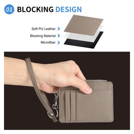 SUIKIHUM Credit Card Wallet with Keychain Wristlet Strap, PU Leather Card Holder - 5 Card Slots & 1 ID Window & 1 Zipper Pocket, Coffee
